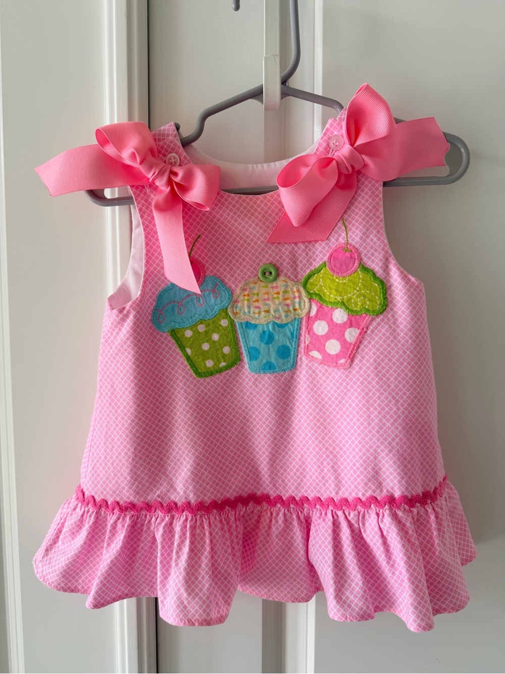 Girls Pink Cupcake Appliqué Tie-Shoulder Dress